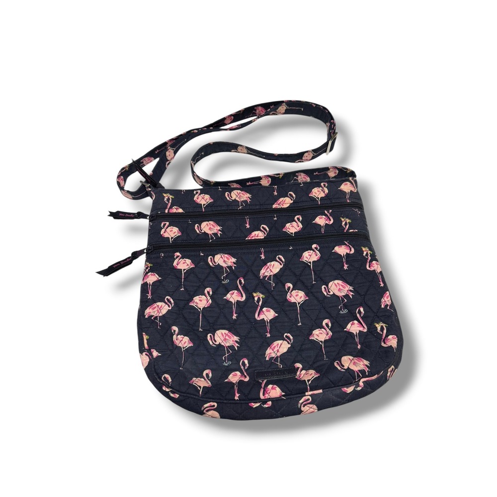 Vera Bradley Fiesta Flamingo Triple Zip Hipster Crossbody Bag Navy Pink Quilted
